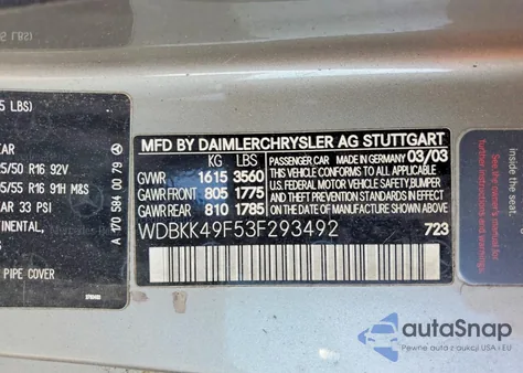 2003 Mercedes-Benz Slk 230 Kompressor z USA, uszkodzony, nr VIN WDBKK49F53F293492